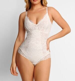 NWT Popilush Lace Sculpting Bodysuit Womens M White V-Neck Thong Shapewear Lined